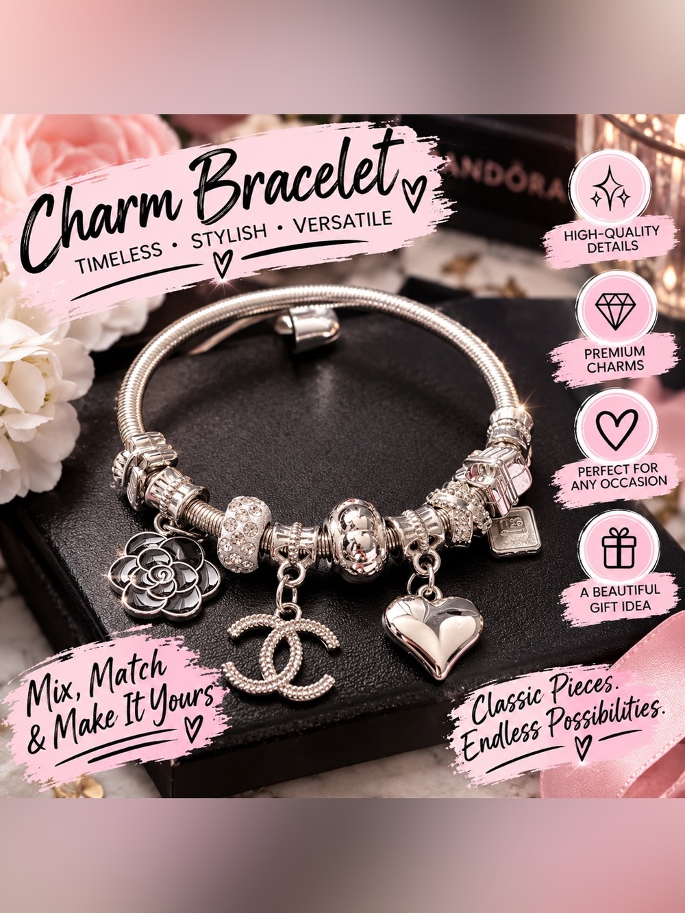 ✨ Gorgeous Sliver Charm Bracelet with Heart & CC Charm ✨